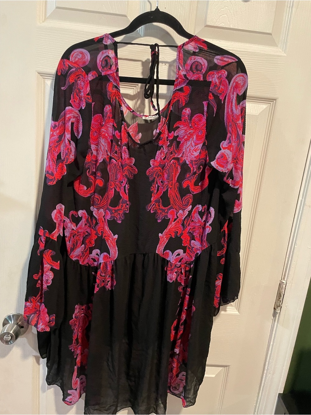 Free People Boho Floral Tie-Back Blouse - Black with Pink & Red Floral Print